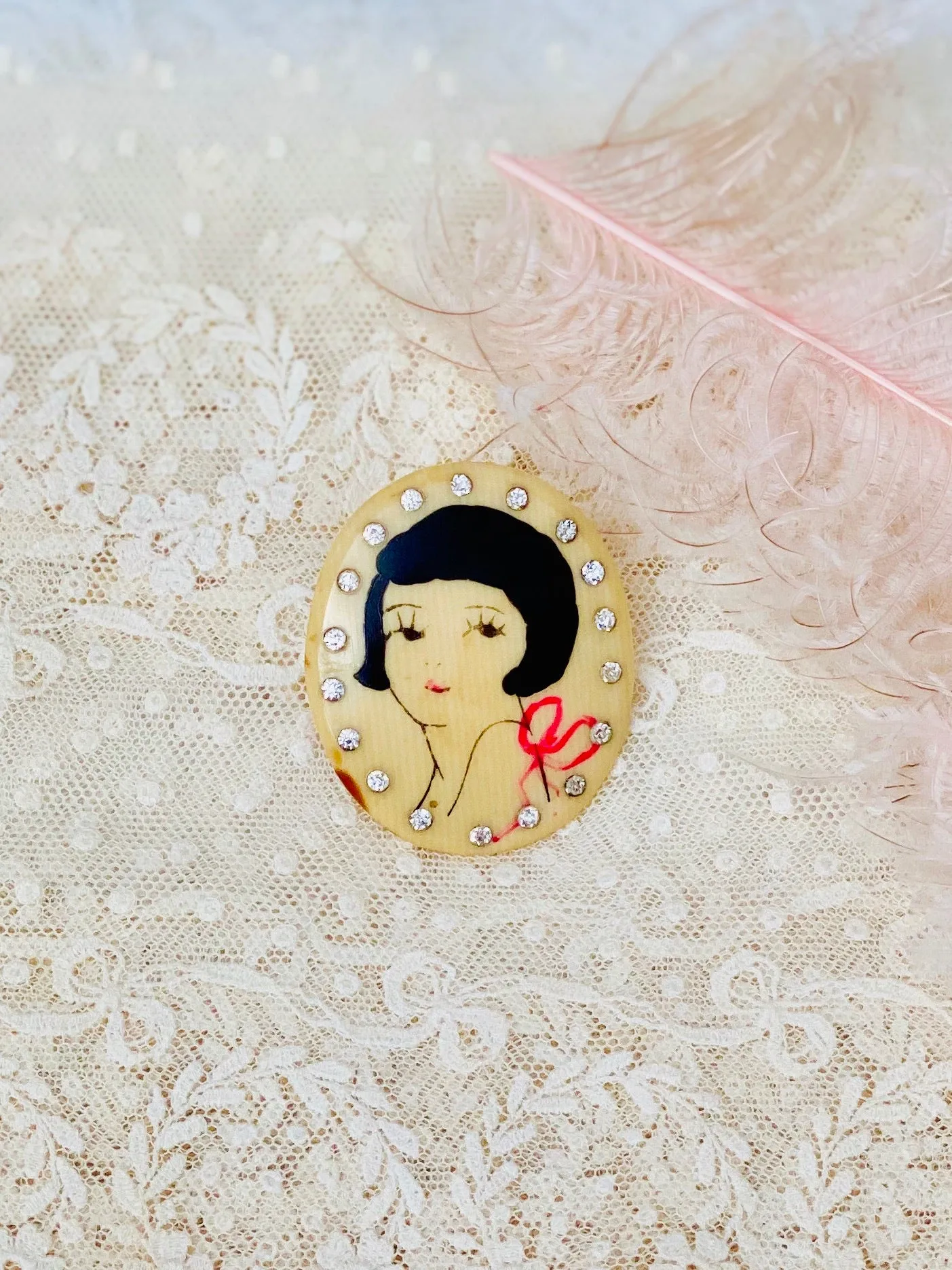 1920s Rhinestone Celluloid Brooch Flapper Girl Novelty Pin