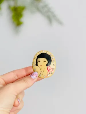 1920s Rhinestone Celluloid Brooch Flapper Girl Novelty Pin