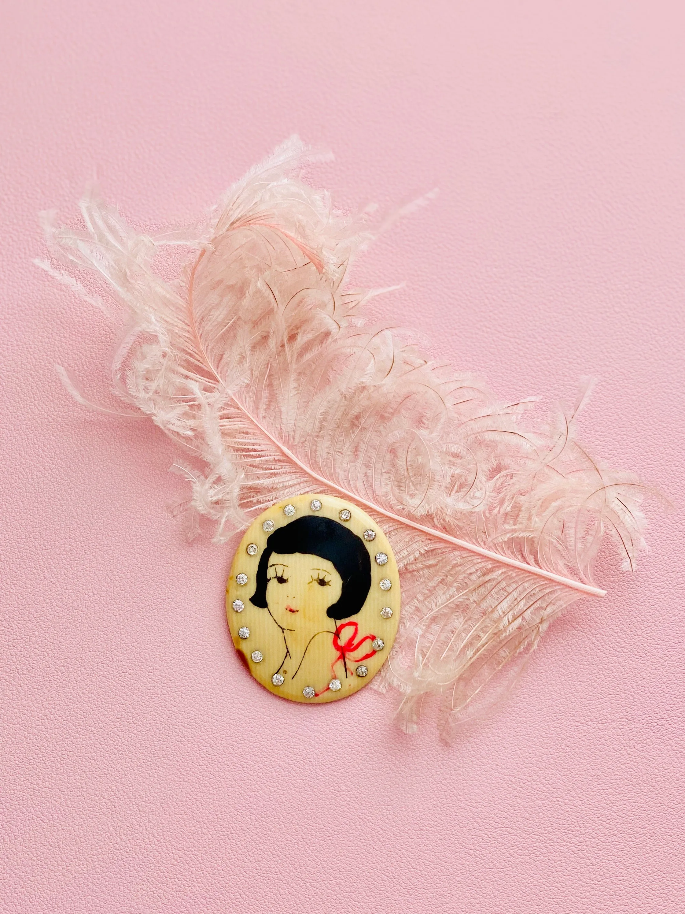 1920s Rhinestone Celluloid Brooch Flapper Girl Novelty Pin