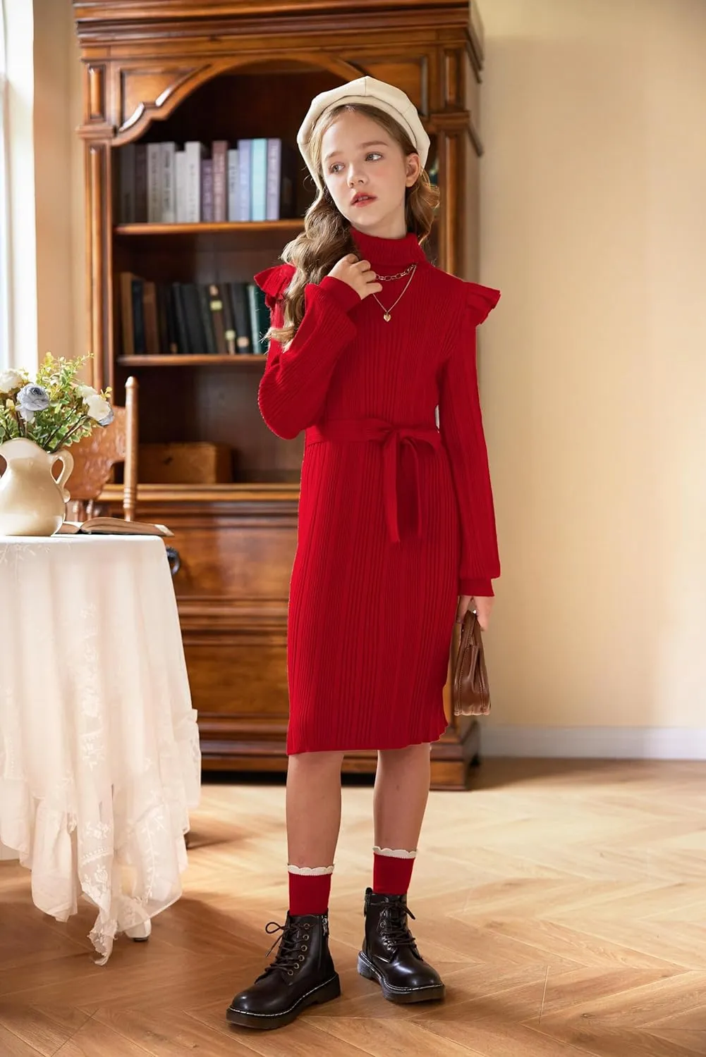 Arshiner Girls Sweater Dress Ruffled Long Sleeve Turtleneck Knit Midi Dress
