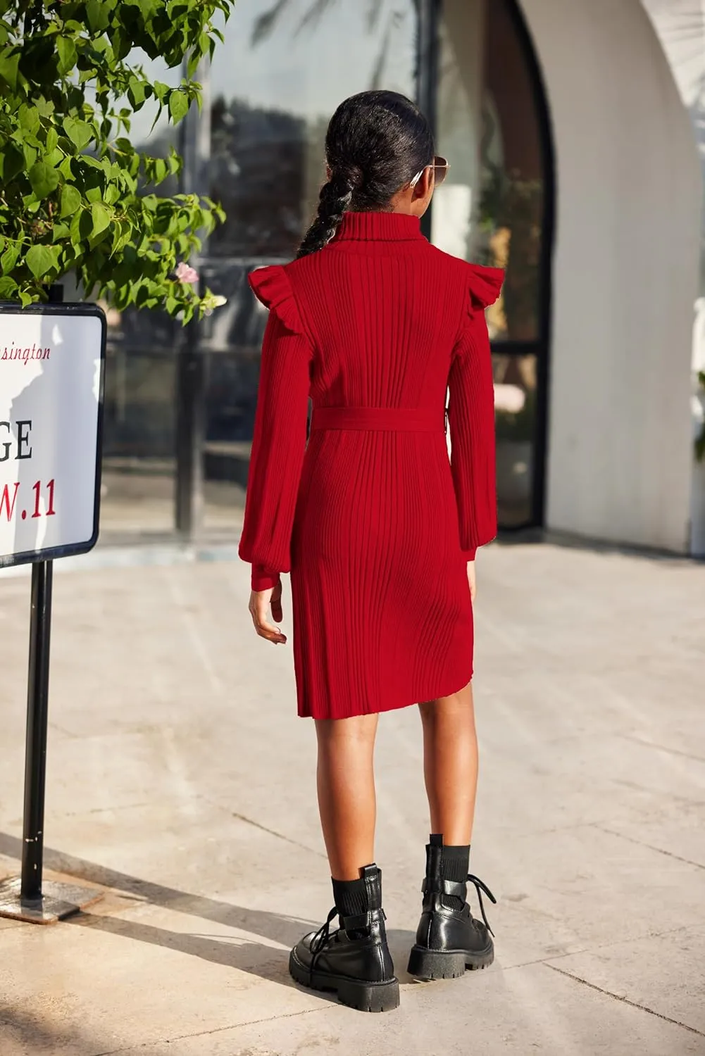 Arshiner Girls Sweater Dress Ruffled Long Sleeve Turtleneck Knit Midi Dress