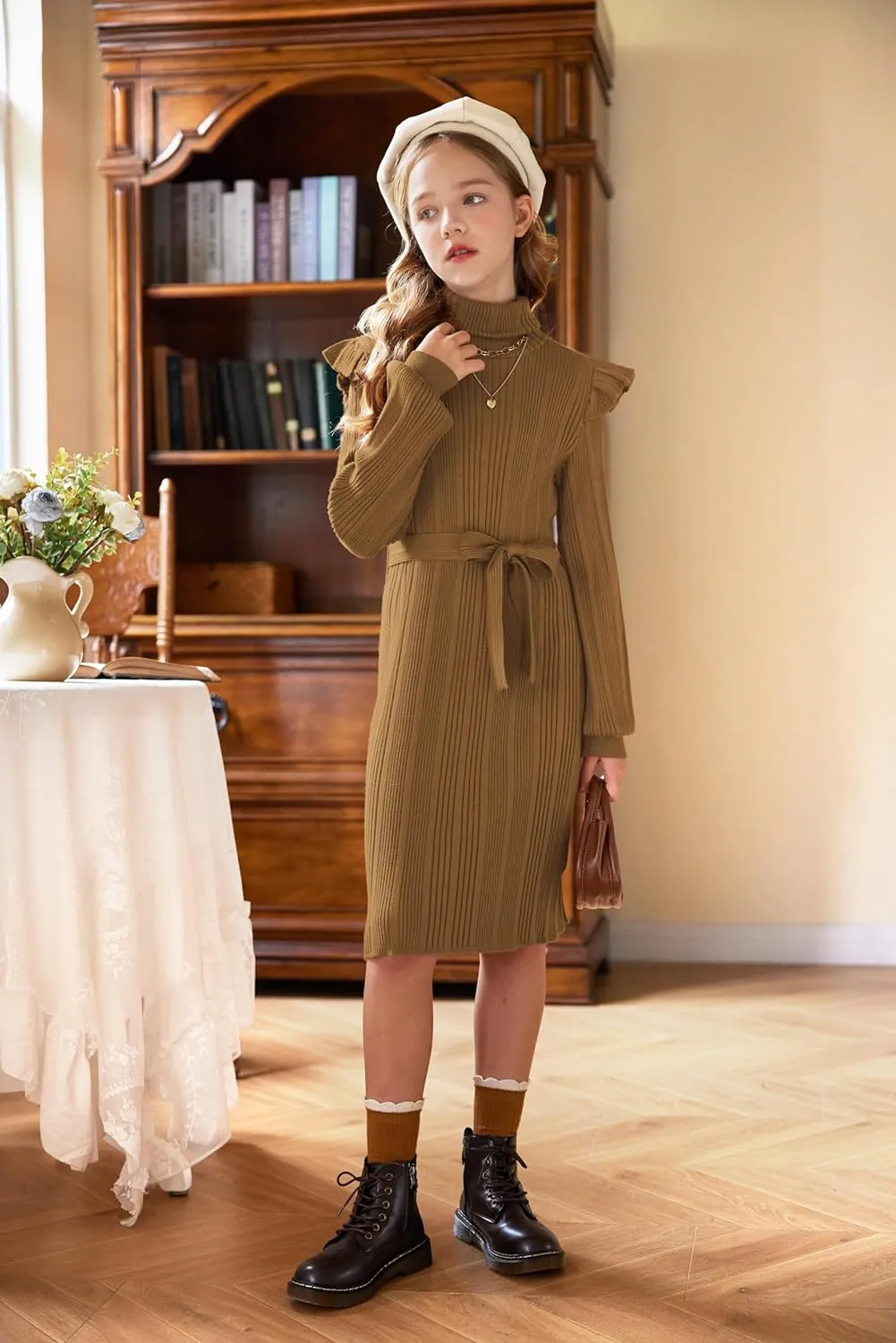 Arshiner Girls Sweater Dress Ruffled Long Sleeve Turtleneck Knit Midi Dress