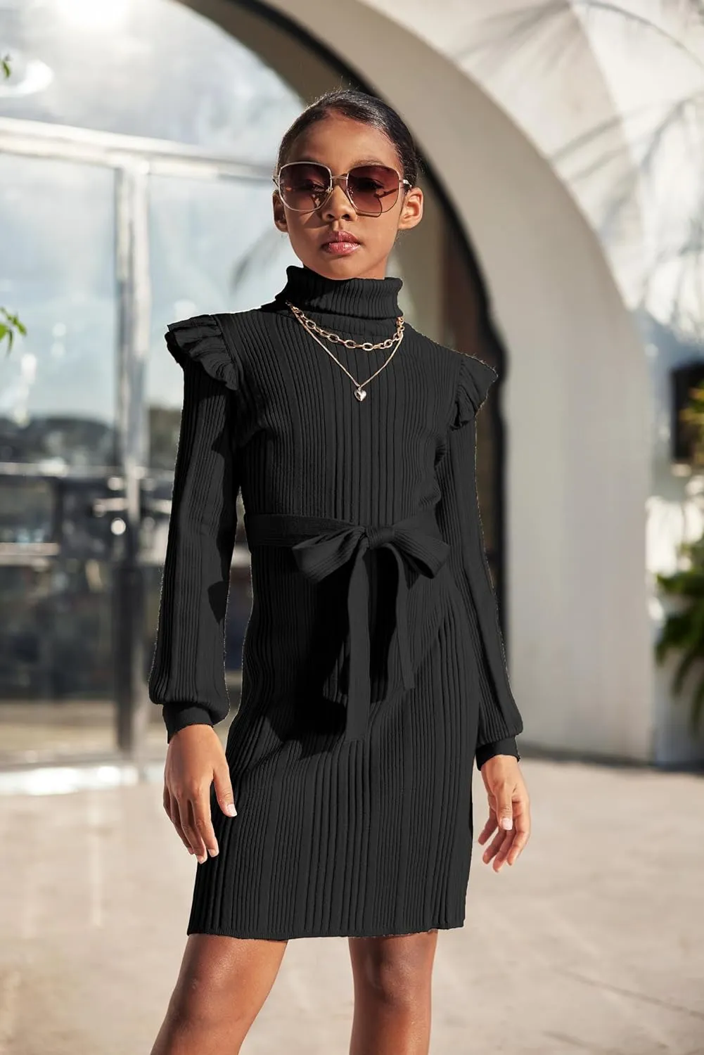 Arshiner Girls Sweater Dress Ruffled Long Sleeve Turtleneck Knit Midi Dress