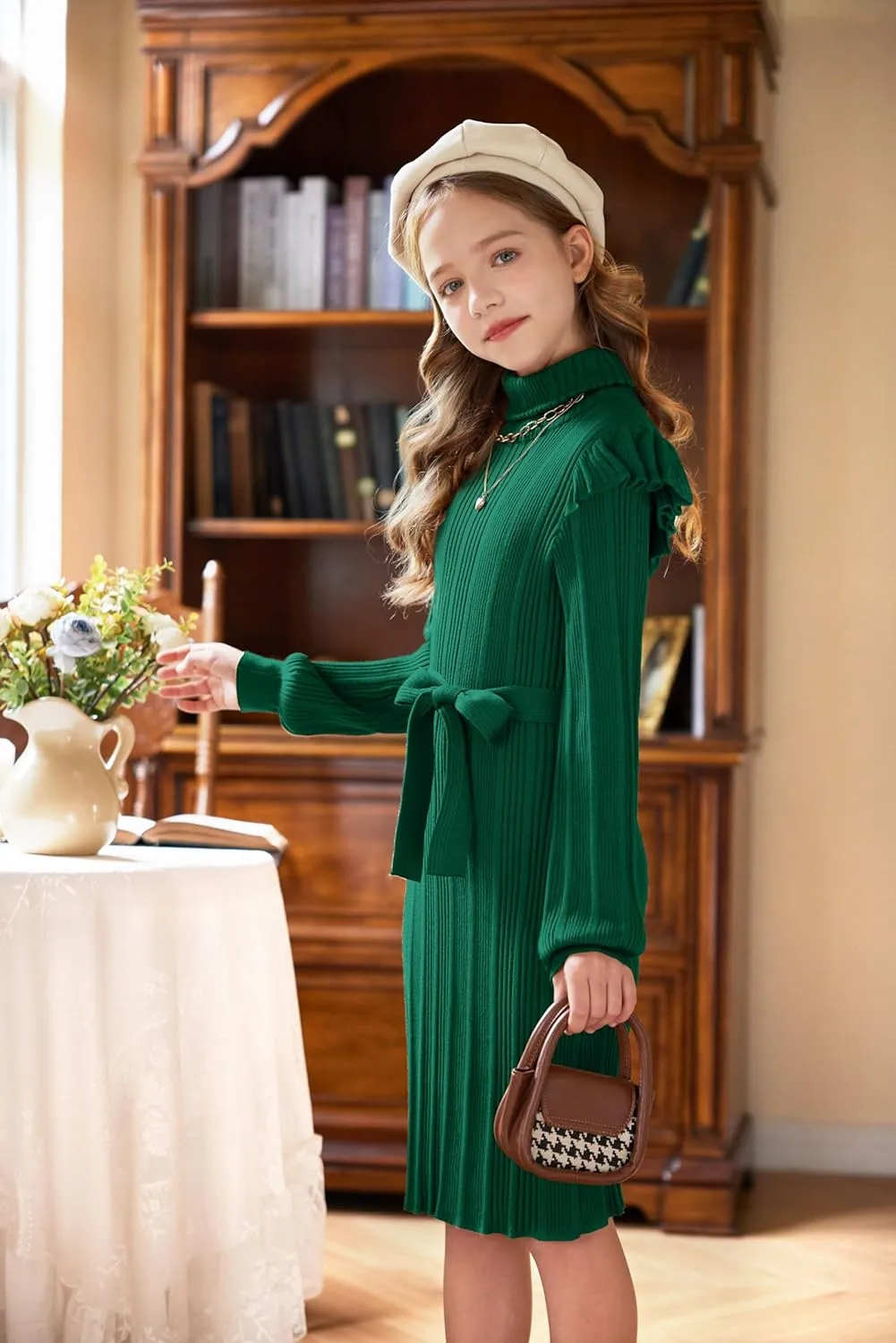 Arshiner Girls Sweater Dress Ruffled Long Sleeve Turtleneck Knit Midi Dress