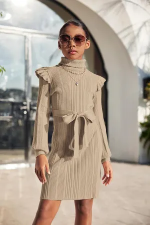 Arshiner Girls Sweater Dress Ruffled Long Sleeve Turtleneck Knit Midi Dress
