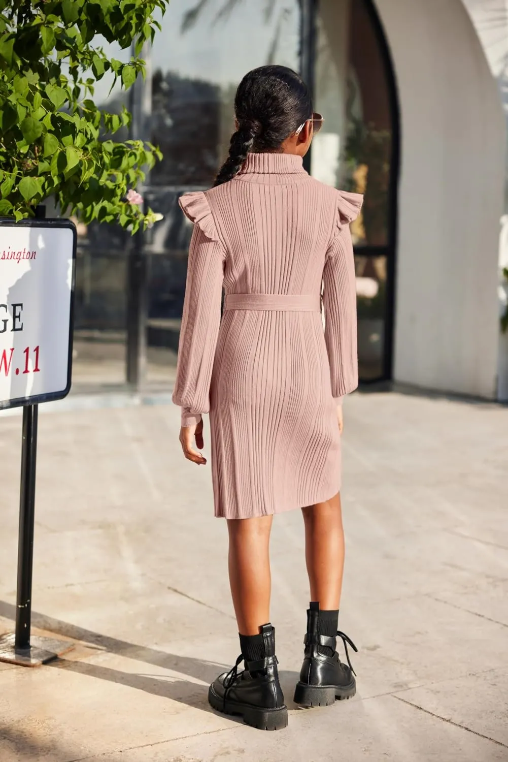 Arshiner Girls Sweater Dress Ruffled Long Sleeve Turtleneck Knit Midi Dress