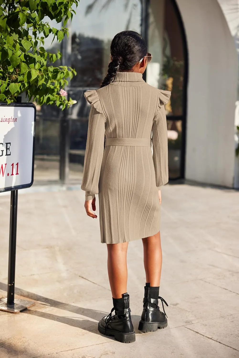 Arshiner Girls Sweater Dress Ruffled Long Sleeve Turtleneck Knit Midi Dress