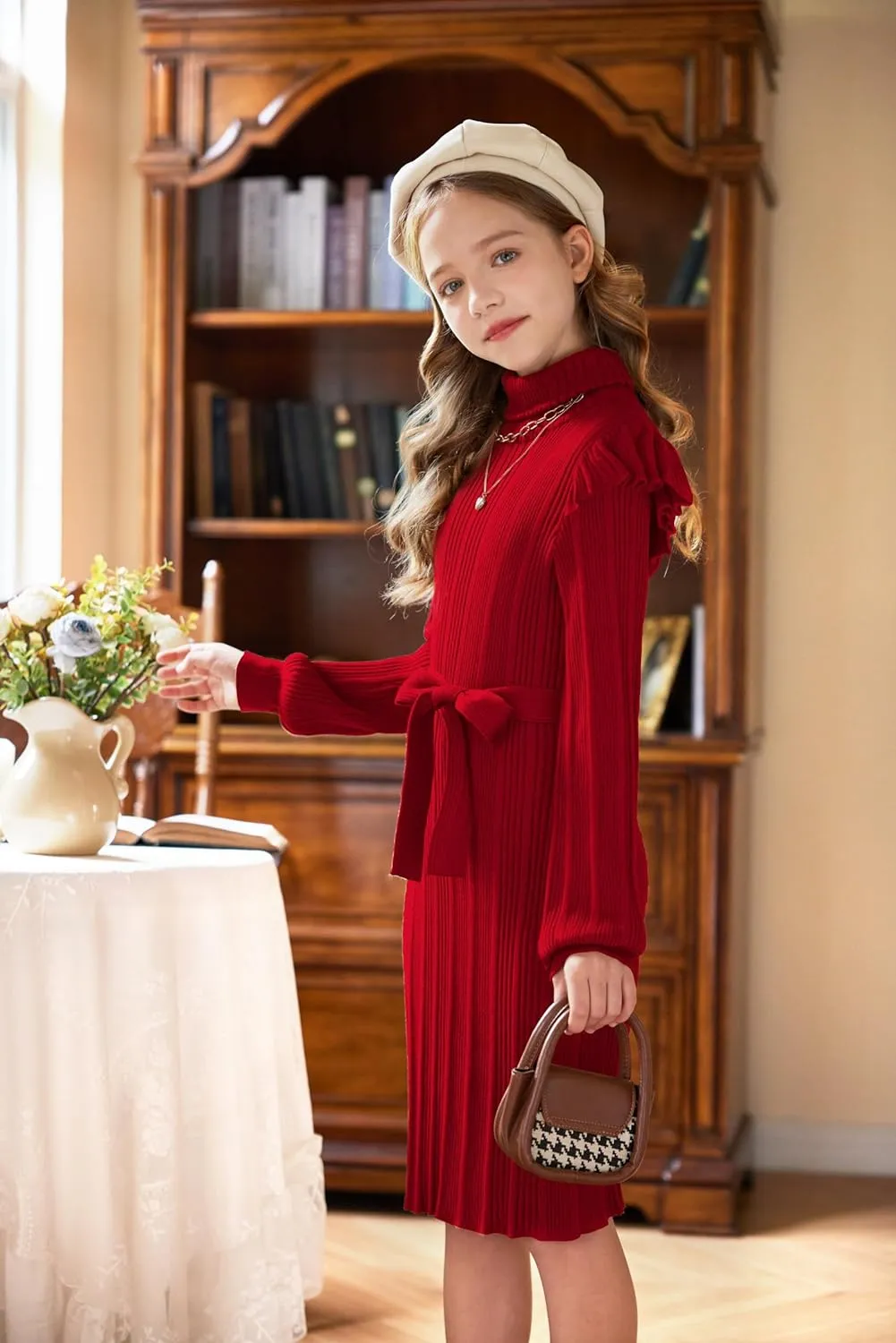 Arshiner Girls Sweater Dress Ruffled Long Sleeve Turtleneck Knit Midi Dress