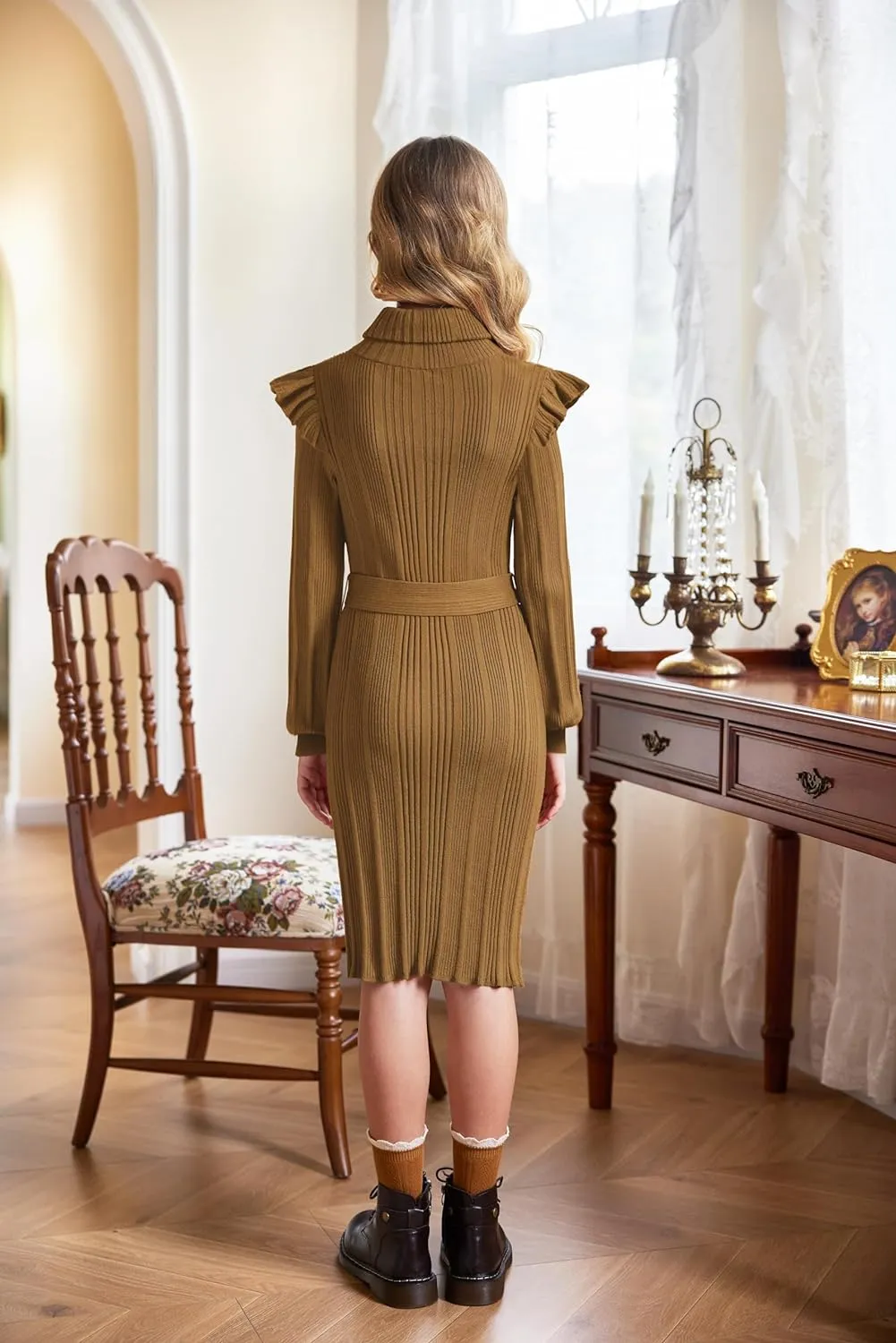 Arshiner Girls Sweater Dress Ruffled Long Sleeve Turtleneck Knit Midi Dress