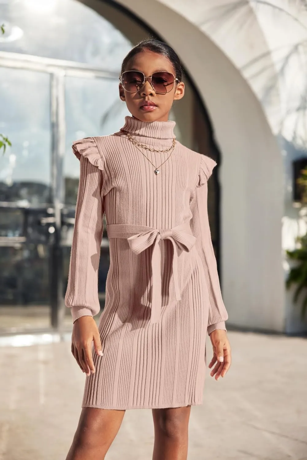 Arshiner Girls Sweater Dress Ruffled Long Sleeve Turtleneck Knit Midi Dress