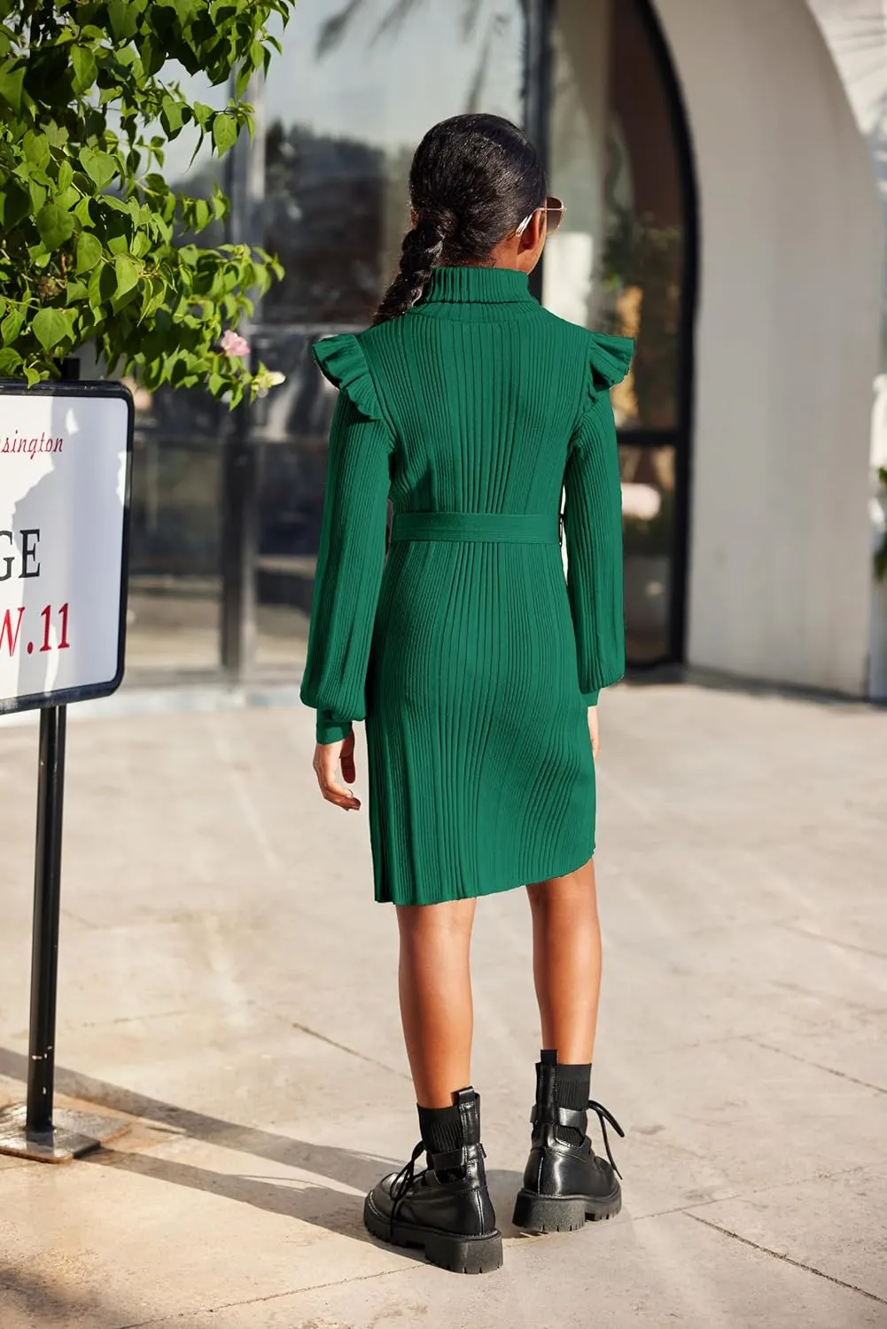 Arshiner Girls Sweater Dress Ruffled Long Sleeve Turtleneck Knit Midi Dress