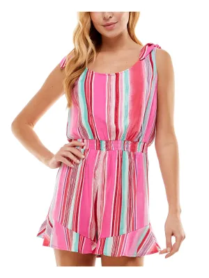 BEBOP Womens Pink Ruffled Smocked Tie Shoulder Keyhole Back Striped Sleeveless Scoop Neck Shorts Romper