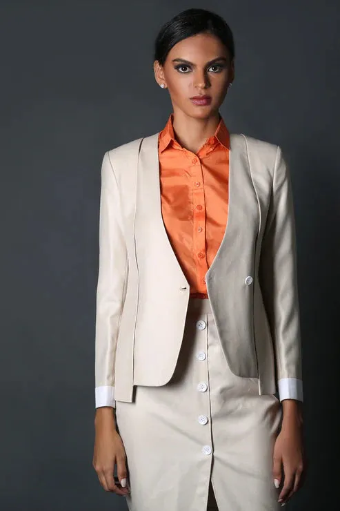 Beige V-Neck Layered Coat & Beige Front Buttoned Skirt Suit