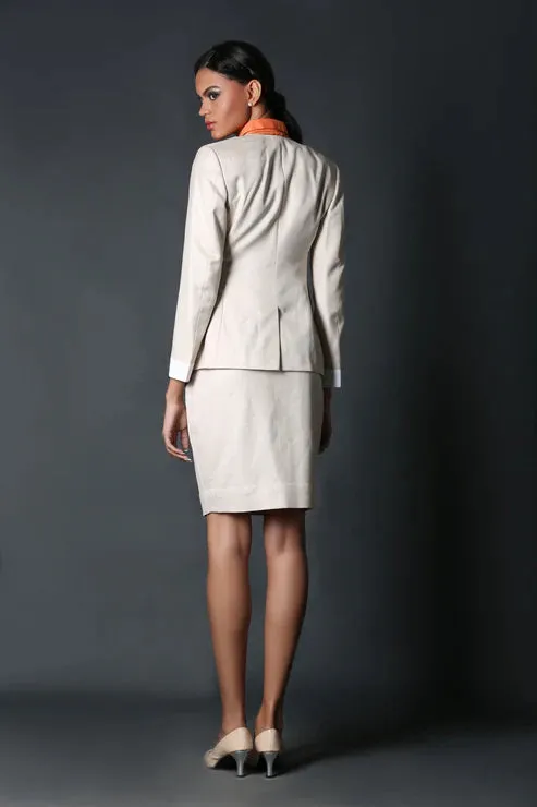 Beige V-Neck Layered Coat & Beige Front Buttoned Skirt Suit