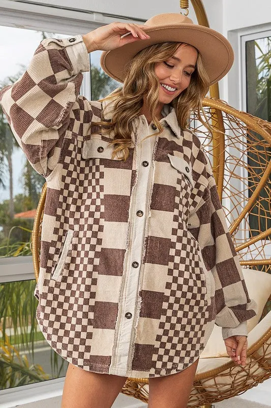 BiBi Mocha Checkered Button Down Corduroy Shacket