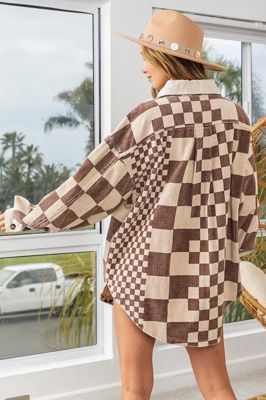 BiBi Mocha Checkered Button Down Corduroy Shacket