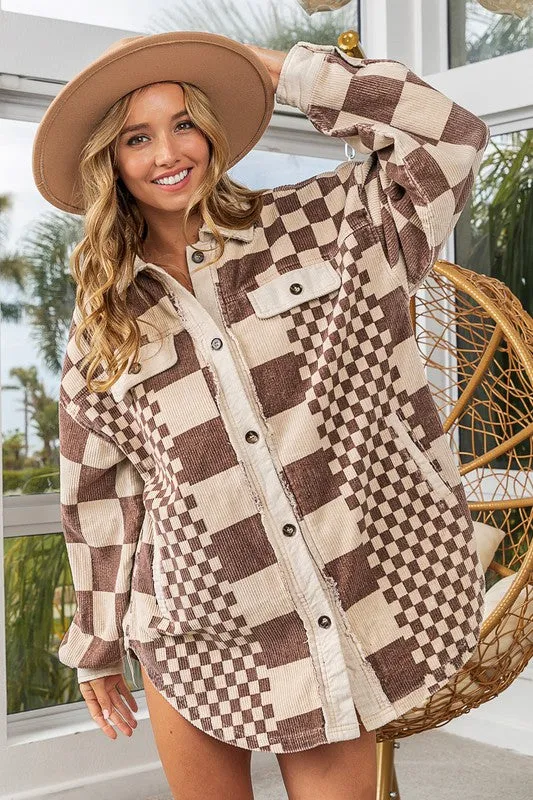 BiBi Mocha Checkered Button Down Corduroy Shacket