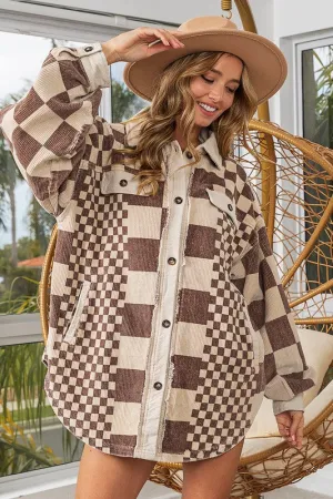 BiBi Mocha Checkered Button Down Corduroy Shacket
