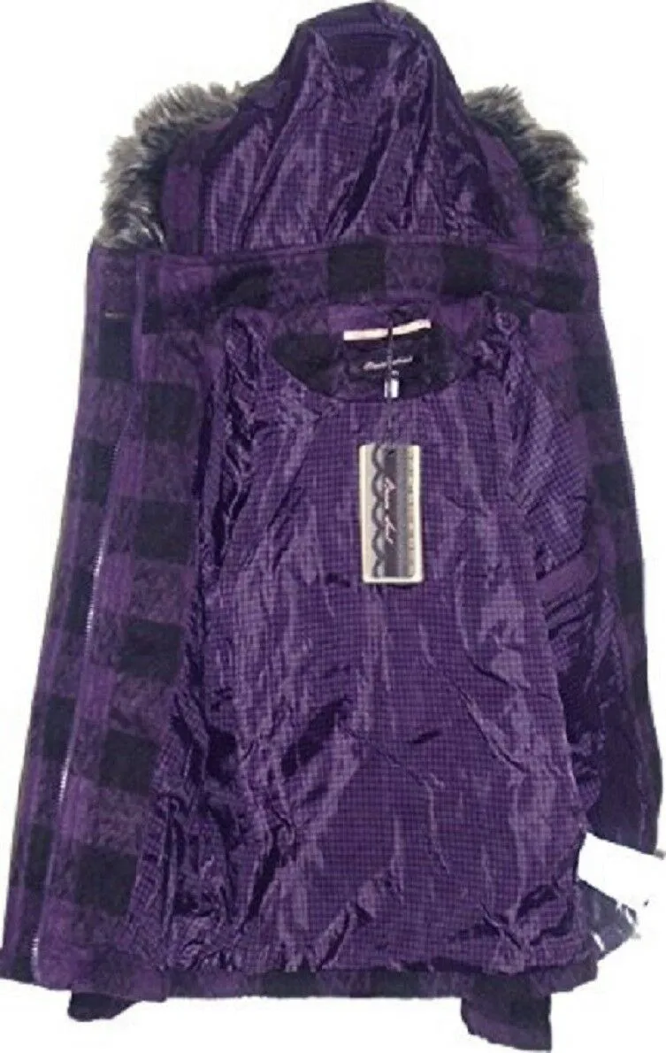 Black & Purple Furry Trim Detachable Hood Winter Coat