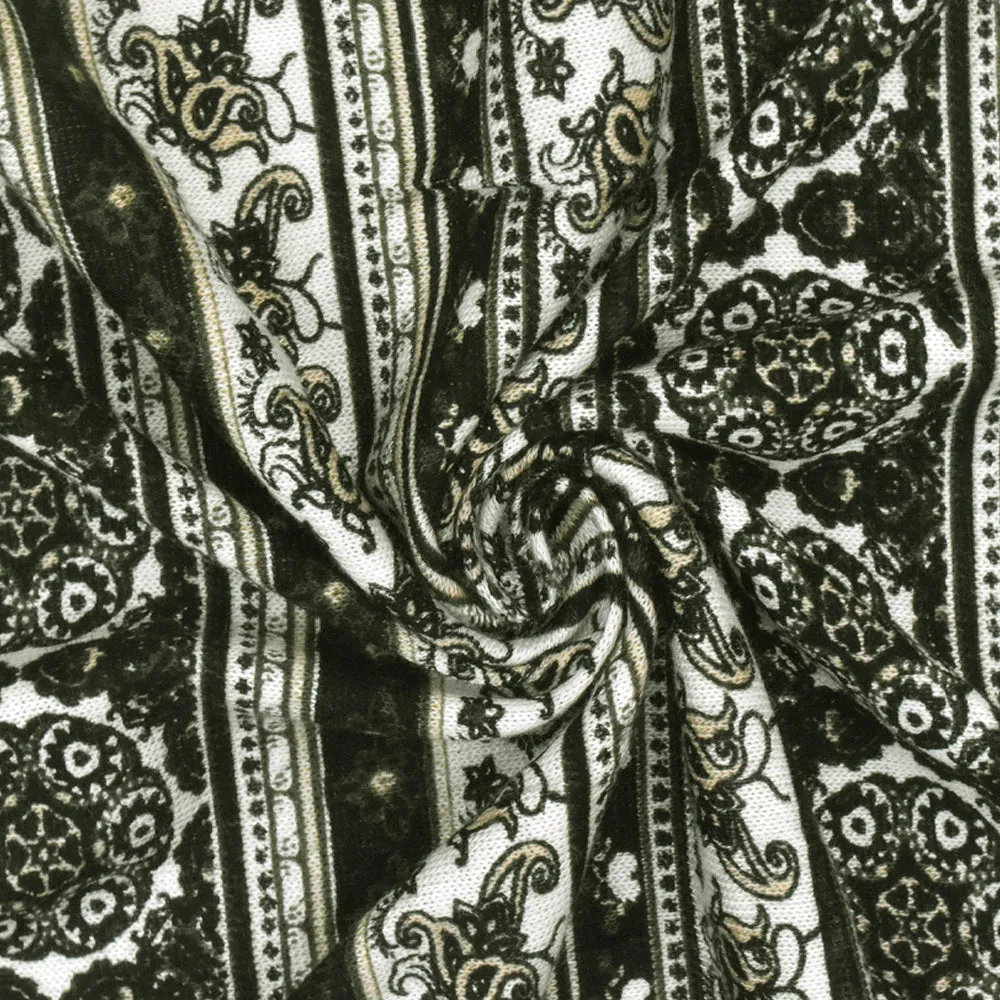 Black-Multi Mixed Pattern Stripe Printed Rayon Stretch Jersey Knit Fabric