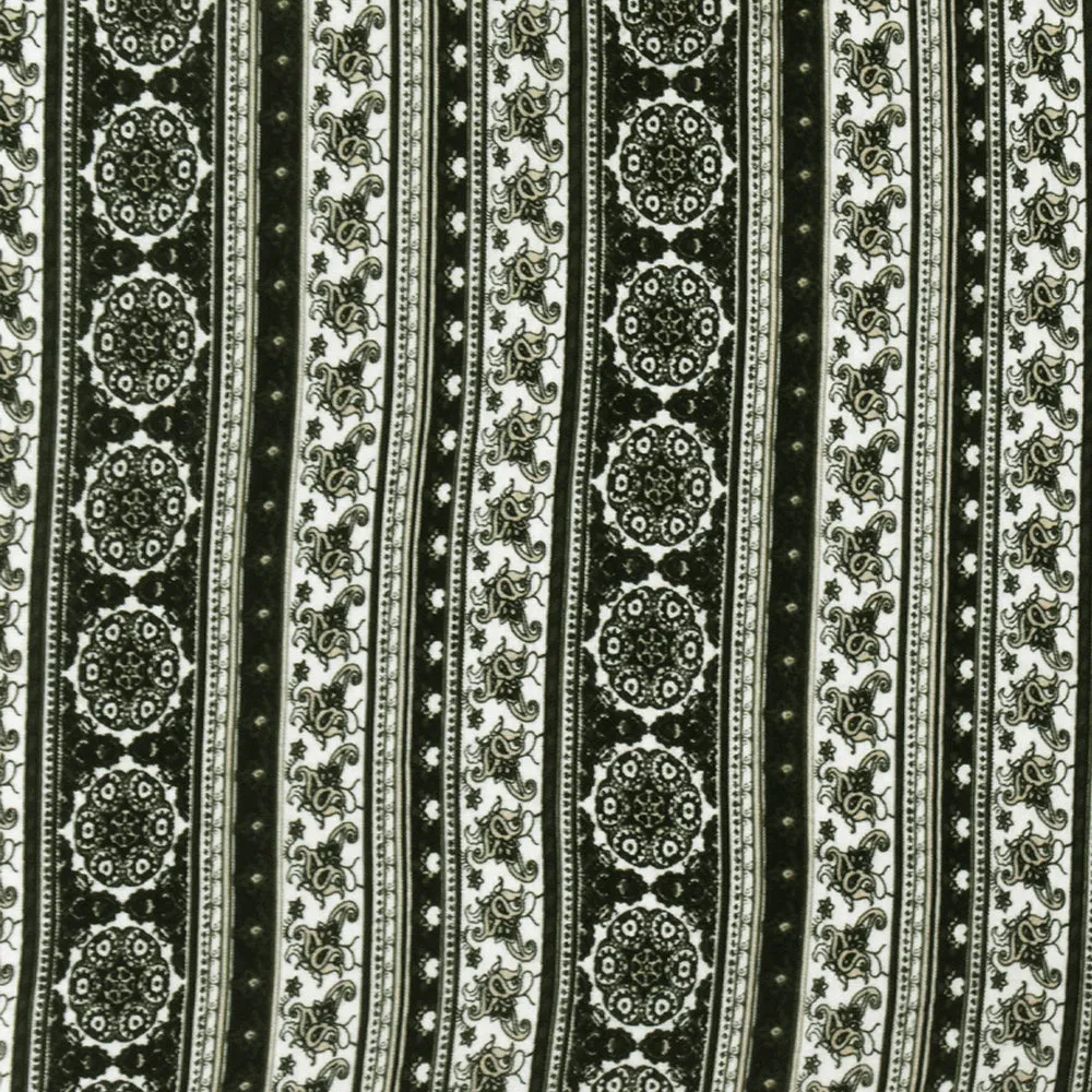 Black-Multi Mixed Pattern Stripe Printed Rayon Stretch Jersey Knit Fabric