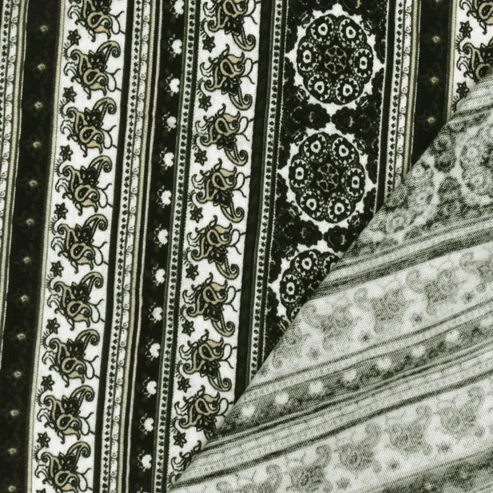 Black-Multi Mixed Pattern Stripe Printed Rayon Stretch Jersey Knit Fabric