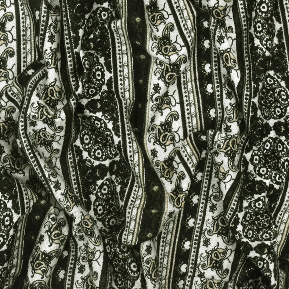 Black-Multi Mixed Pattern Stripe Printed Rayon Stretch Jersey Knit Fabric