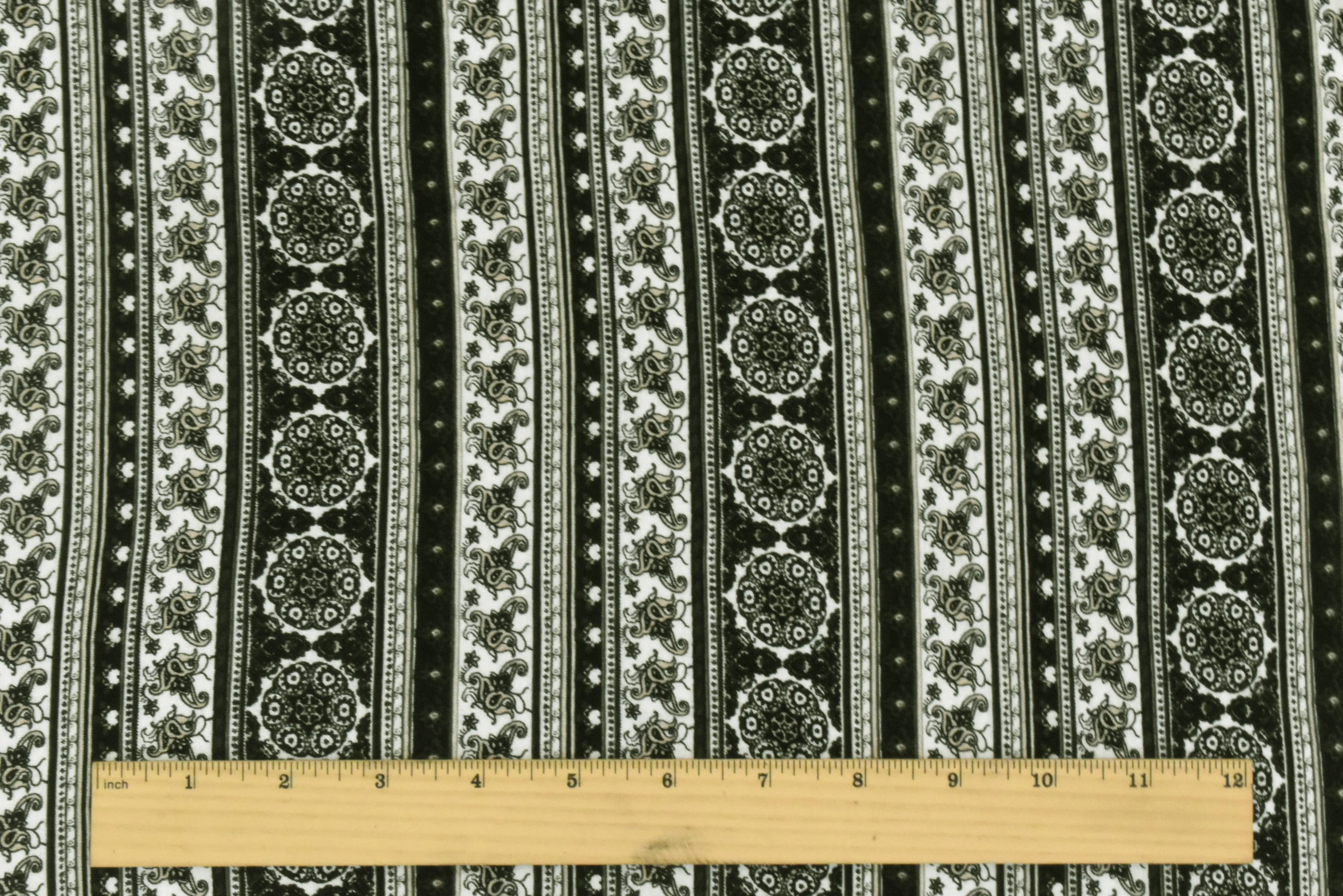 Black-Multi Mixed Pattern Stripe Printed Rayon Stretch Jersey Knit Fabric