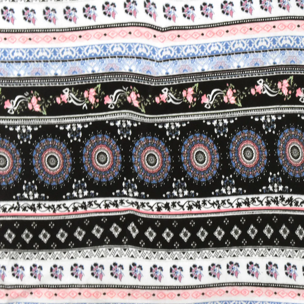 Black-White-Multi Moroccan Stripe Printed Stretch Rayon Jersey Knit Fabric