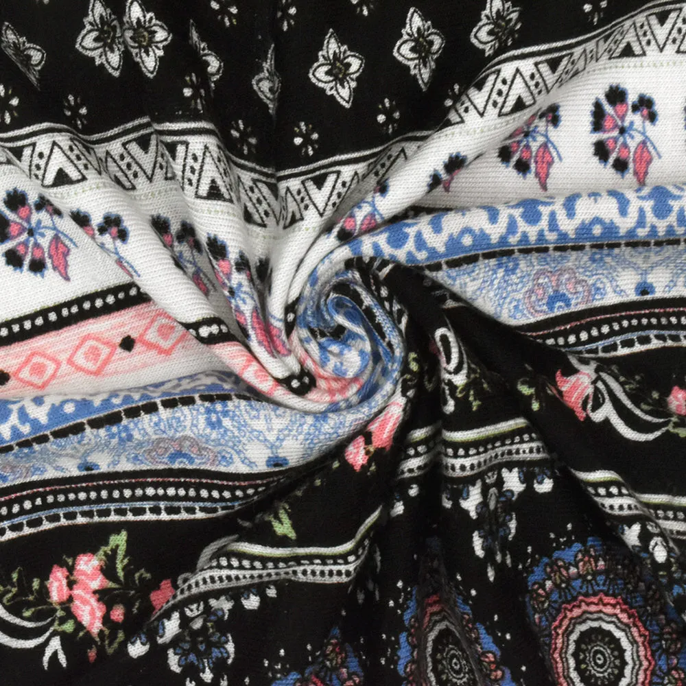 Black-White-Multi Moroccan Stripe Printed Stretch Rayon Jersey Knit Fabric
