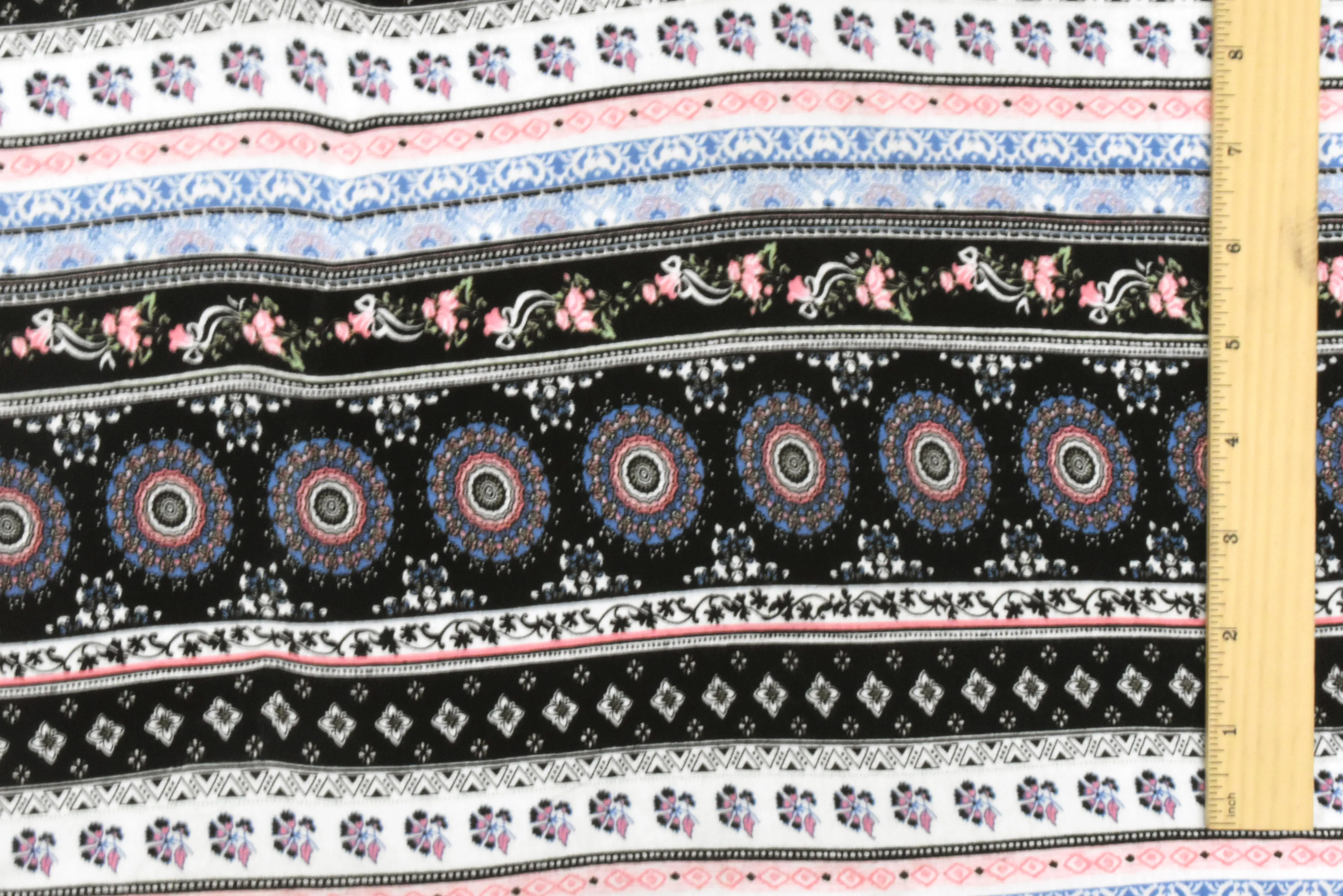 Black-White-Multi Moroccan Stripe Printed Stretch Rayon Jersey Knit Fabric