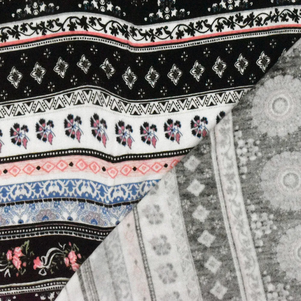 Black-White-Multi Moroccan Stripe Printed Stretch Rayon Jersey Knit Fabric
