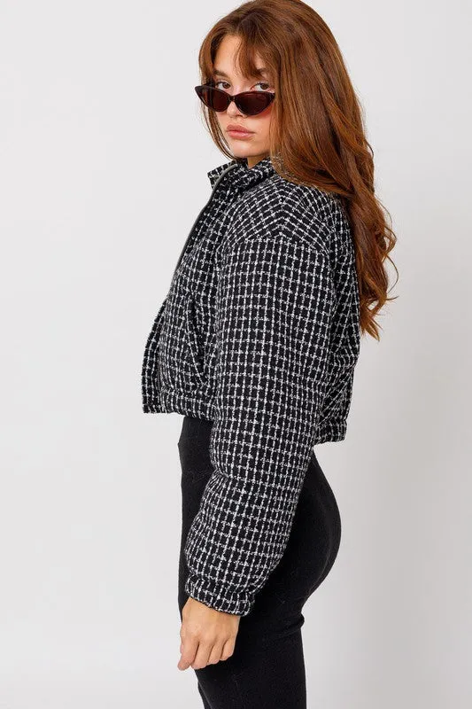 Black/White Tweed Crop Puffer Jacket