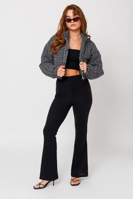Black/White Tweed Crop Puffer Jacket