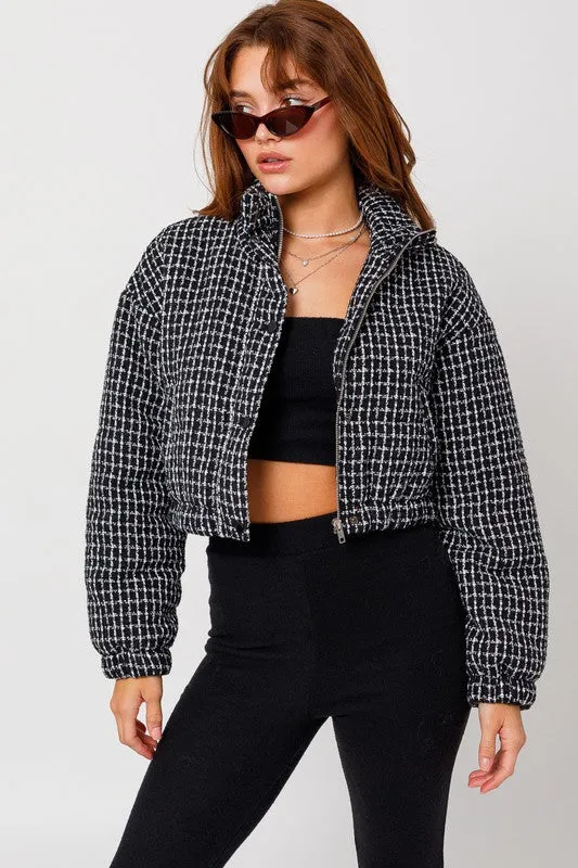 Black/White Tweed Crop Puffer Jacket