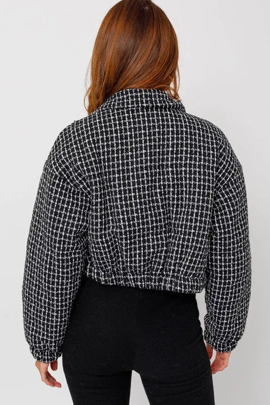 Black/White Tweed Crop Puffer Jacket