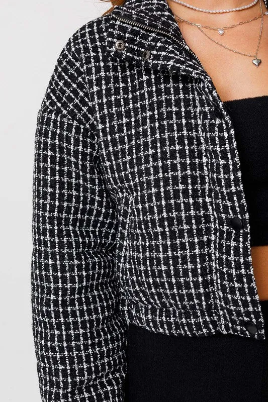 Black/White Tweed Crop Puffer Jacket