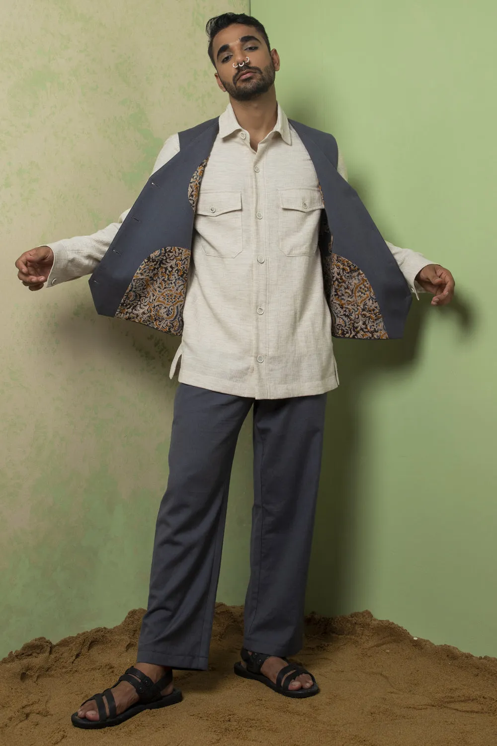 Blue Khadi With Kantha Jacket Set