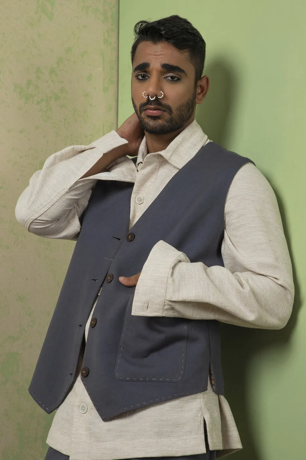Blue Khadi With Kantha Jacket Set
