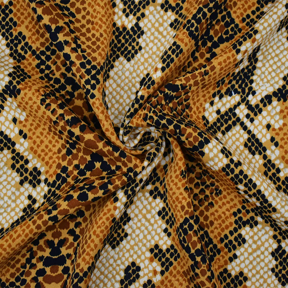 Brown-Tan-Multi Reptile Skin Print Poly Crepe Momie Georgette Woven Fabric