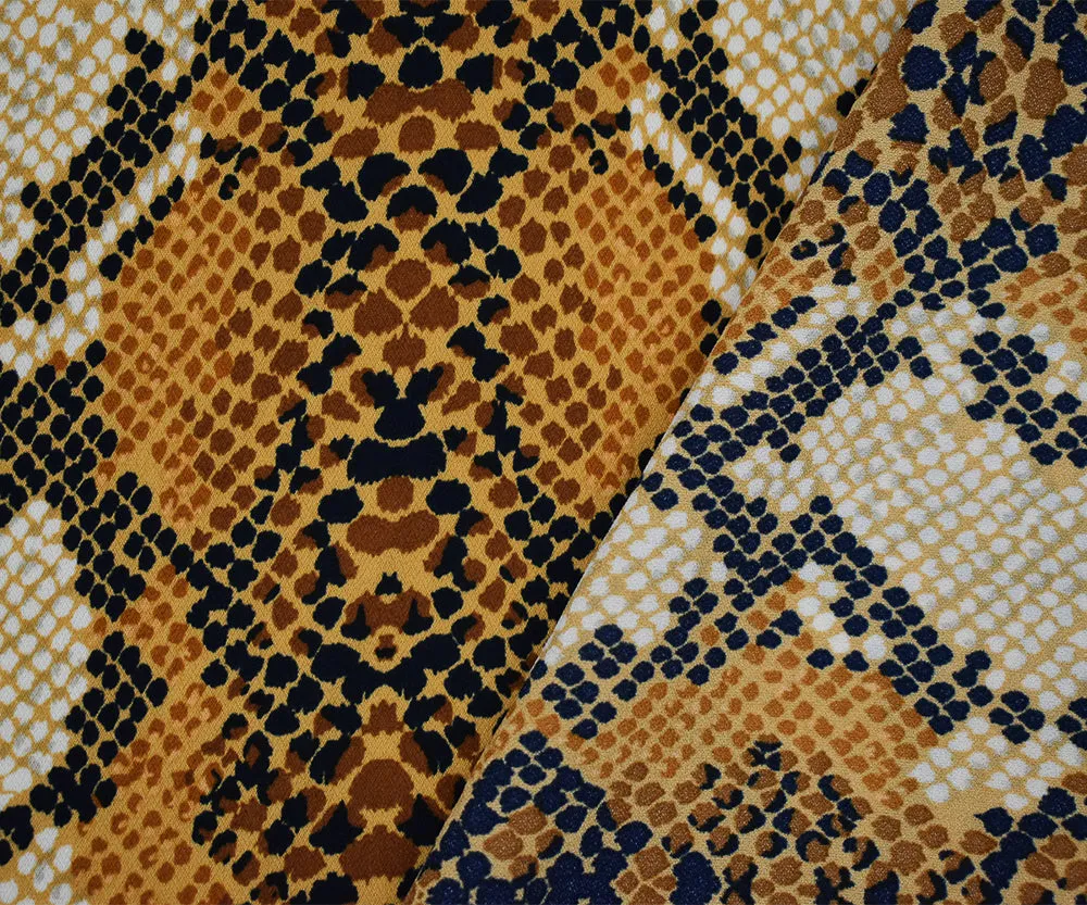 Brown-Tan-Multi Reptile Skin Print Poly Crepe Momie Georgette Woven Fabric