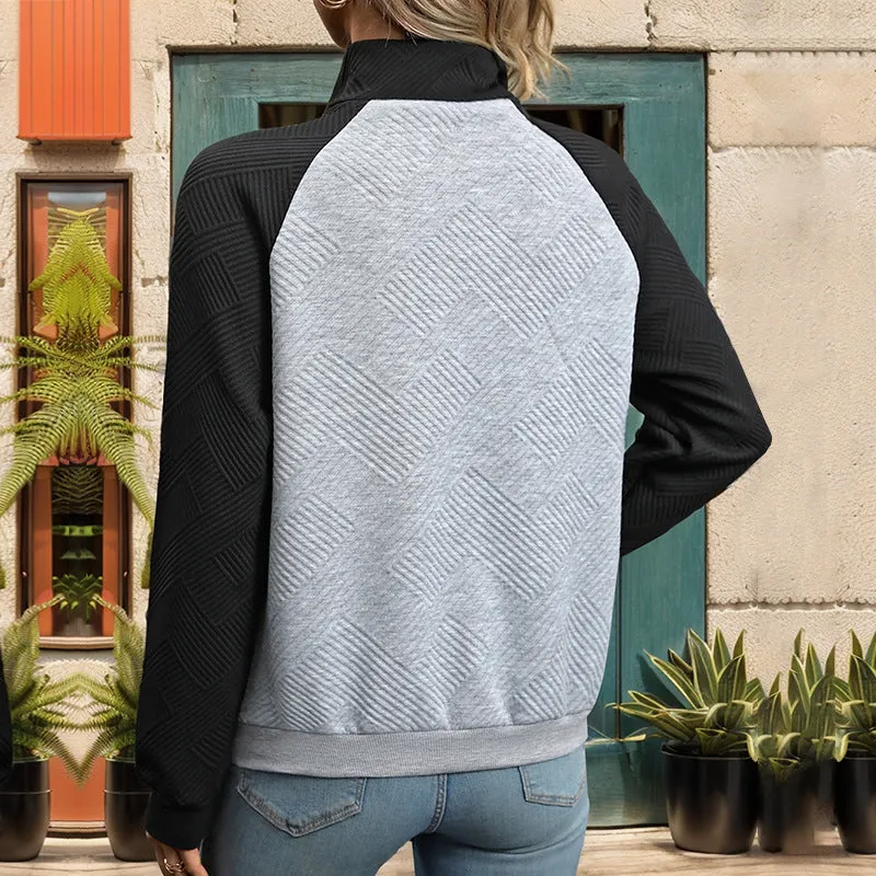 Contrasting Color Splicing Stand-up Neck Sweater Texture