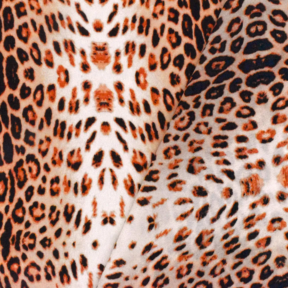 Coral Orange-Black-Multi Cheetah Printed Polyester Georgette Woven Fabric