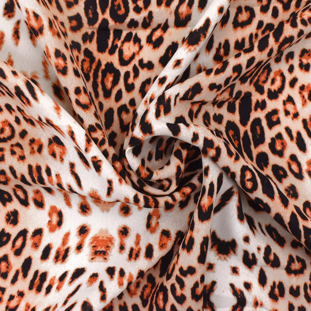 Coral Orange-Black-Multi Cheetah Printed Polyester Georgette Woven Fabric
