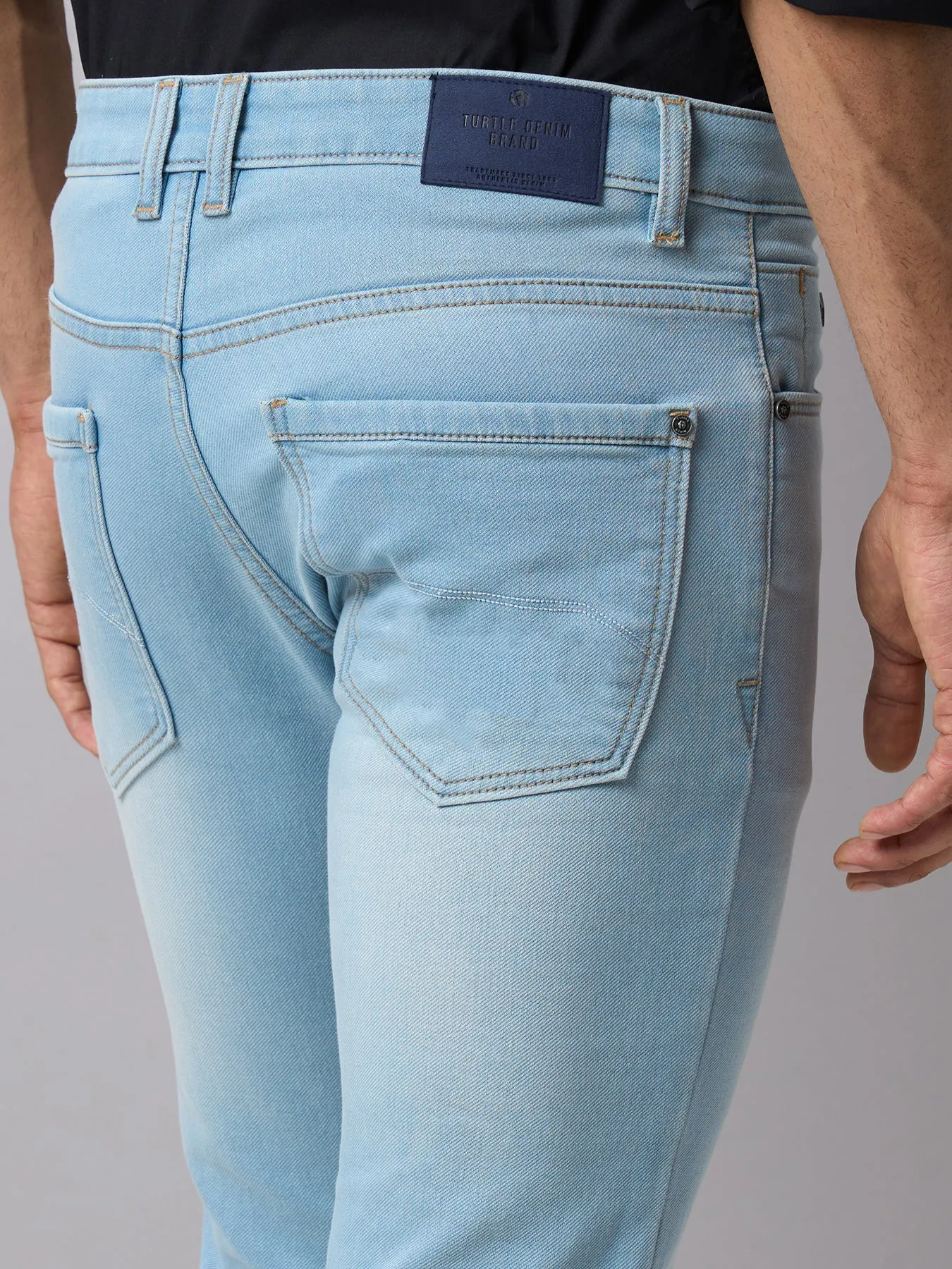 Cotton Stretch Ice Blue Plain Narrow Fit Flat Front Casual Jeans
