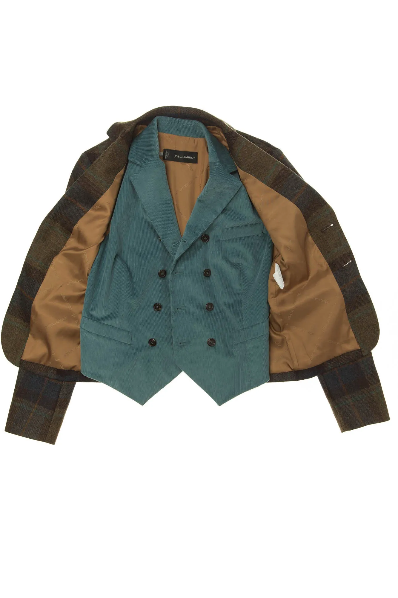 Dsquared2 - Brown Plaid Blazer with Teal Attached Velvet Vest - IT 44