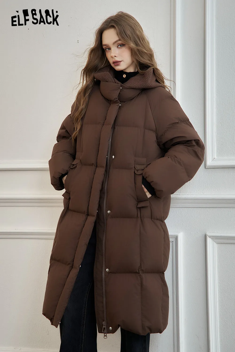 ELFSACK 2024 Winter New Arrivals Women's mid-length hooded down jacket with knitted hood and raglan sleeves for warmth