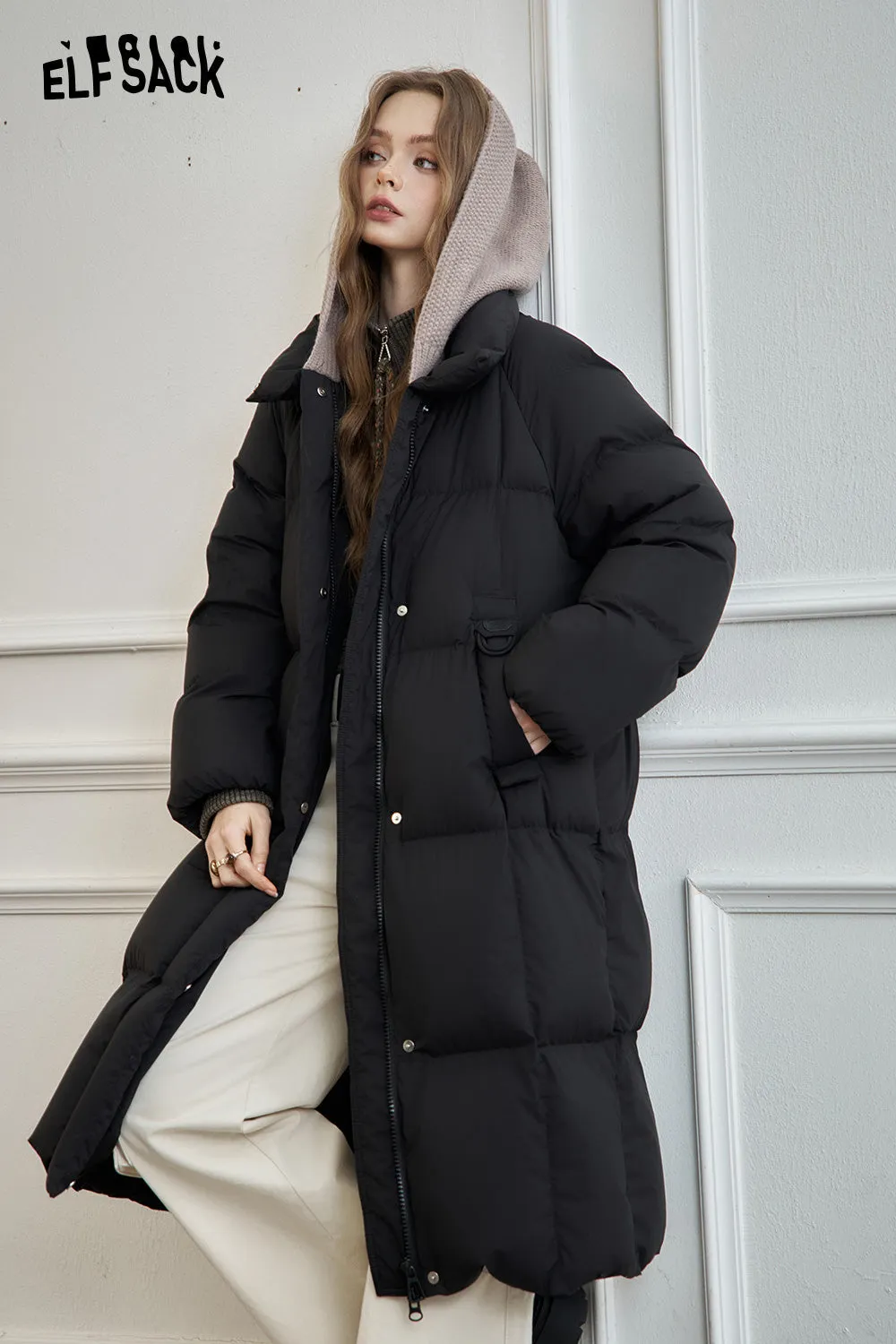 ELFSACK 2024 Winter New Arrivals Women's mid-length hooded down jacket with knitted hood and raglan sleeves for warmth