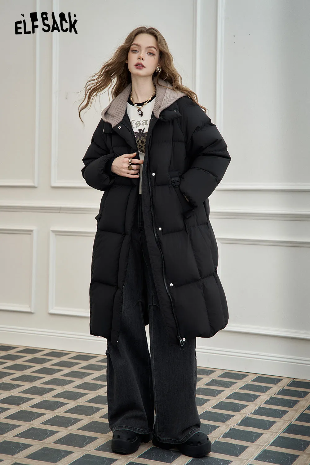 ELFSACK 2024 Winter New Arrivals Women's mid-length hooded down jacket with knitted hood and raglan sleeves for warmth
