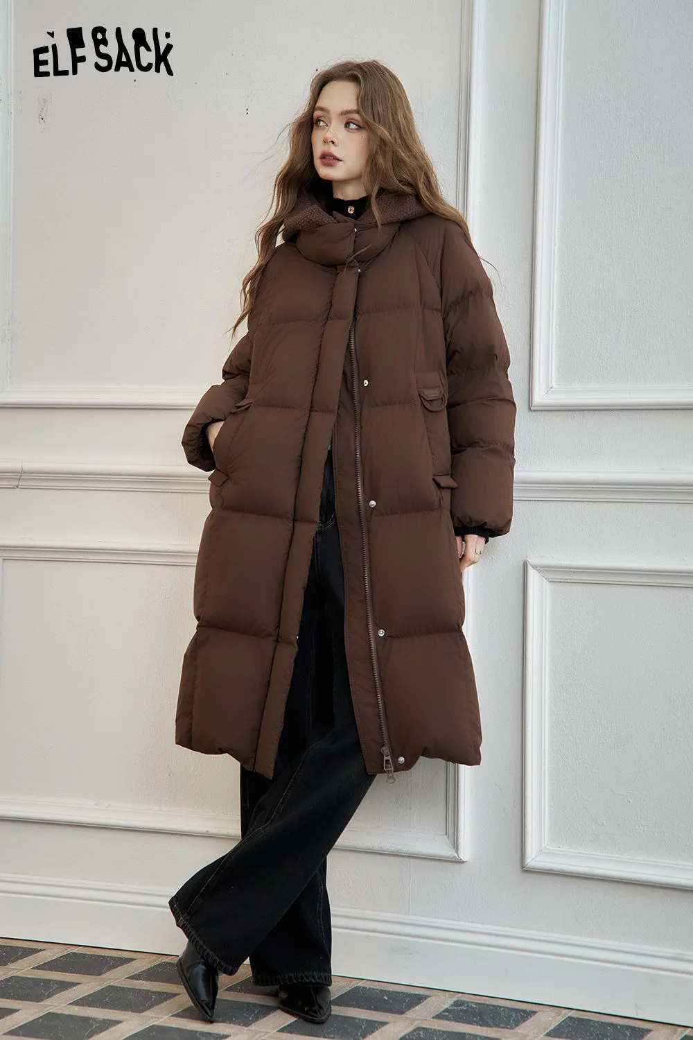ELFSACK 2024 Winter New Arrivals Women's mid-length hooded down jacket with knitted hood and raglan sleeves for warmth